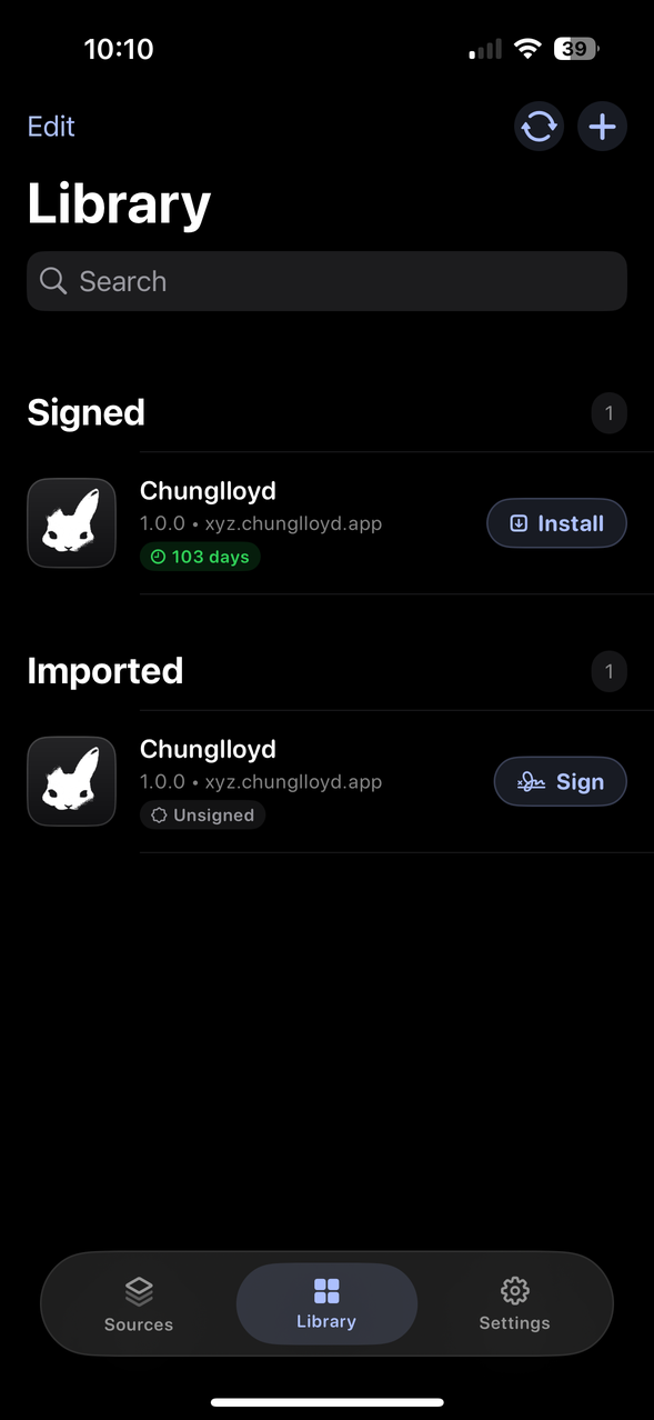 The Library tab showing a signed app with 103 days left and an Install button, above an unsigned app with a Sign button