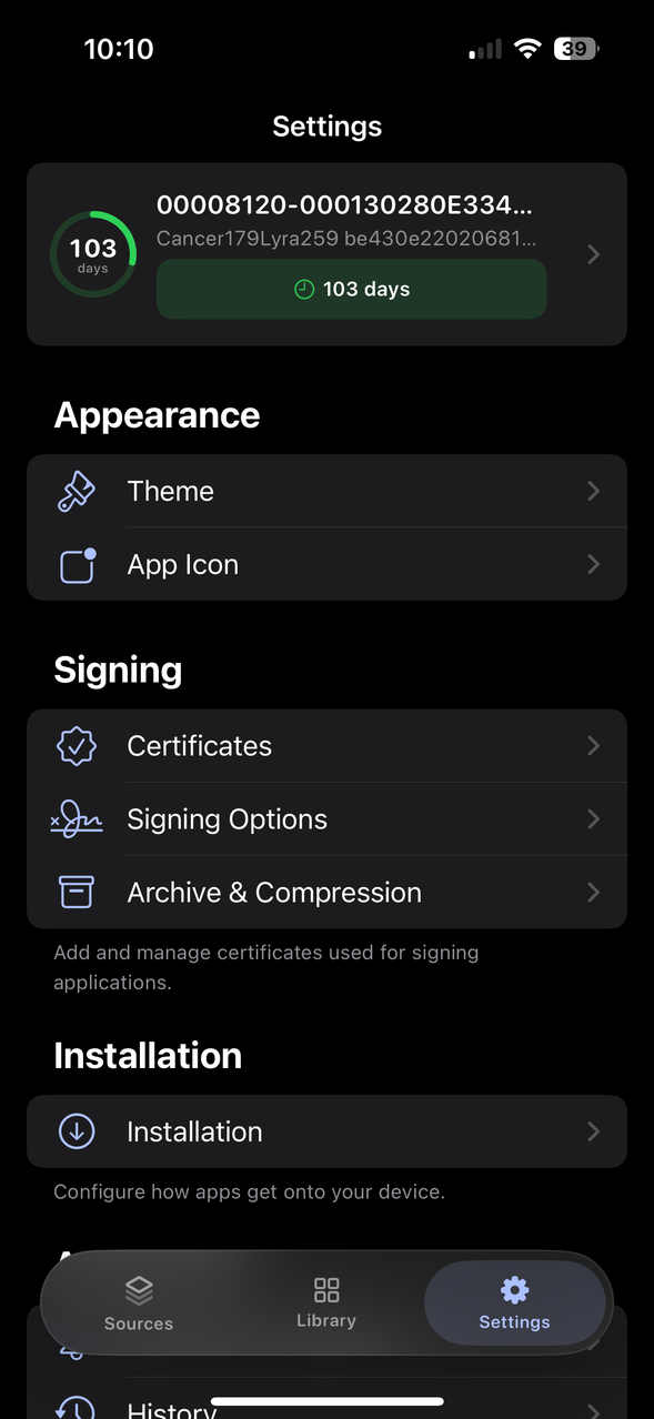 The Settings tab with certificate status at the top